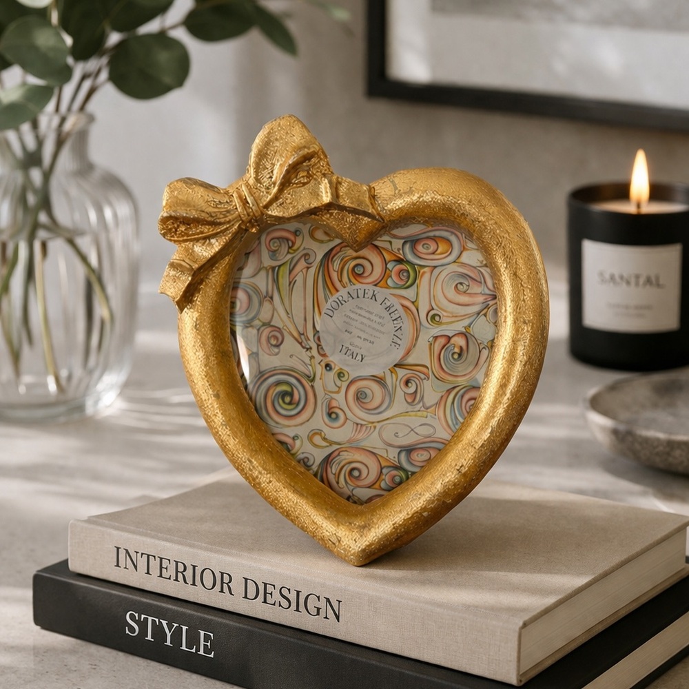 RARE Doratex Firenze Made in Italy Gold Heart Picture Frame with Bow Accent 4x6